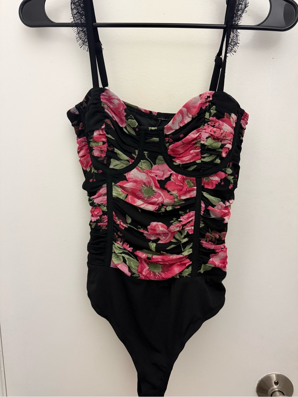 Floral Ruched Bodysuit - Black with Pink Roses